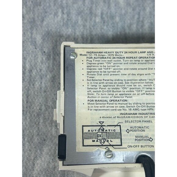 Vintage Automatic Timer 24 Hour For Lamp and Small Appliances Ingram - Picture 3 of 5